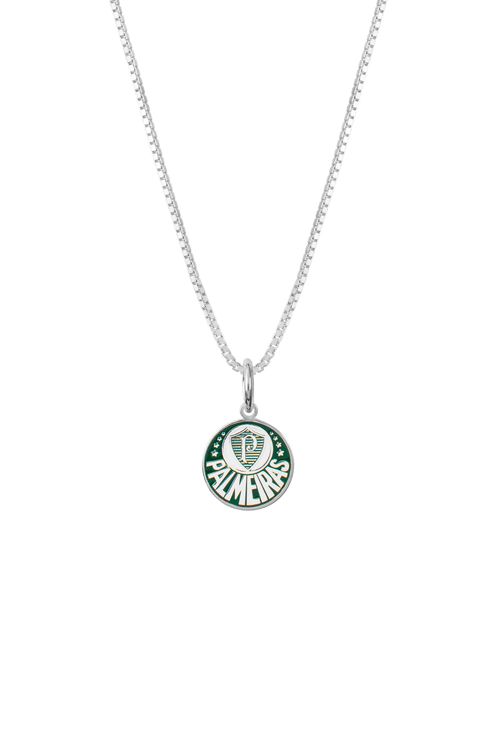 Pingente Palmeiras Escudo Mini em Prata 925 Colorido + Corrente 42 cm
